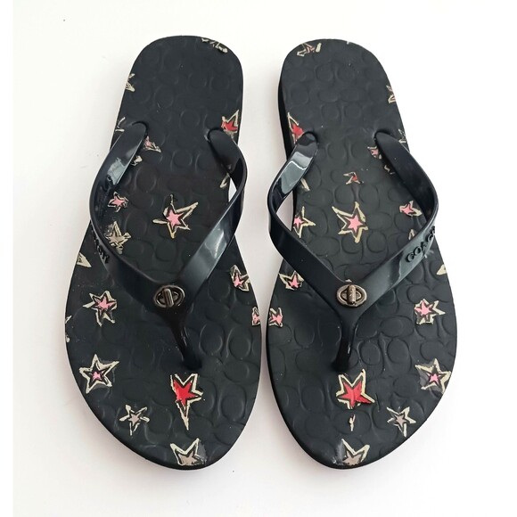 Coach Shoes - Coach Abbigail Turnlock Flip Flops Black C Logo Embossed Insole w Stars Sz 9
